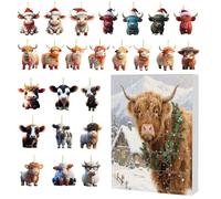 Calendrier de l'Avent de Noël 24 jours de bœuf des Highlands, 24 petites portes avec bijoux de bœuf de Noël - Pendentif animal plat en acrylique 2D pour arbre, fête, fenêtre, voiture, miroir intérieur