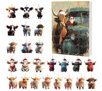 Calendrier de l'Avent de Noël 24 jours de bœuf des Highlands - 24 petites portes avec bijoux en forme de bœuf de Noël - Pendentif animal plat en acrylique 2D pour arbre, fête, fenêtre, voiture, miroir