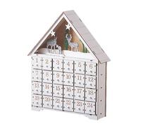 Calendrier de l'Avent de Noël en bois Maison - Calendrier de l'Avent Blanc Noël avec 24 tiroirs et lumières LED, Ornement de table, décoration pour le compte à rebours de Noël