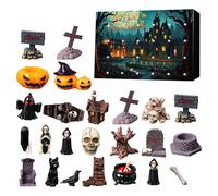 Calendrier de l'Avent d'Halloween 24 pièces, mini figurines avec crânes, corbeaux et pierres tombales | Ornements de village d'horreur en résine pour cadeaux de fête et collections (A)