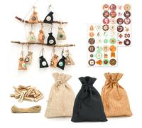 Calendrier de l'Avent DIY DUNEDESIGN - 24 sacs en jute - Noir, Marron, Beige - Numéros à coller et clips en bois