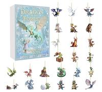 Calendrier de l'Avent Dragon dans la forêt 2025 - Un voyage magique vers Noël, compte à rebours de Noël avec 24 décorations plates uniques en forme de dragon kawaii pour un plaisir festif (blanc)