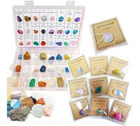 Calendrier de l'Avent en pierre précieuse - 24 pierres porte-bonheur naturelles avec cartes de signification et boîte de rangement - Kit d'apprentissage pour enfants, cadeau de lutin et surprise de