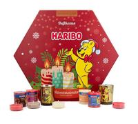 Calendrier de l'Avent Haribo™ Bougies parfumées, 10 votives, 12 chauffe-plats, en verre et cire, couleurs variées.