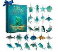 Calendrier de l'Avent Sea Glass Marine Life 2025, calendrier de l'Avent sur le thème de l'océan avec 24 décorations 2D en acrylique faites à la main, décoration de Noël