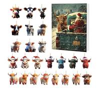 Calendrier de l'Avent Vache Highland 24 Jours,Compte à Rebours de Noël Décorations 2D en Acrylique Vache Écossaise - Breloques Bovines Charm pour Arbre de Noël Fête