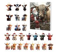 Calendrier De L'Avent Vache Highland Noël 24 Jours Compte à Rebours de Noël | Charmes Animaux pour Arbre de Noël Rétroviseur Voiture Fenêtre Mur Porte Fêt