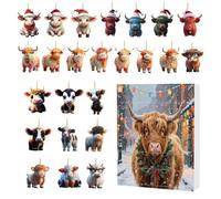 Calendrier de l'Avent Vache Highland Noël 24 Jours | Compte à Rebours de Noël Décorations 2D en Acrylique Vache Écossaise - Breloques Bovines Charm pour Arbre de Fête