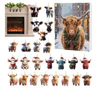 Calendrier de l'Avent Vache Highland Noël 24 Jours, Compte à Rebours Décorations 2D Acrylique Ornements Vache, Charmes Animaux pour Arbre de Noël Rétroviseur Voiture Fenêtre Mur Porte Fête