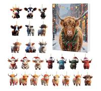 Calendrier de l'Avent Vache Highland Noël 24 Jours - Compte à Rebours Décorations 2D Acrylique Ornements Vache - Breloques Bovines Charm pour Arbre de Noël Fête