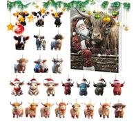 Calendrier De L'Avent Vache Highland Noël 24 Jours Décorations Mignonnes 2D | Charmes Bétail Décor Arbre Fête Vitre Mur Rétroviseur Voiture Porte