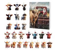 Calendrier de l'Avent Vache Highland Noël 24 Jours - Décorations Mignonnes 2D en Acrylique Vache Highland,Charmes Animaux pour Arbre de Noël Rétroviseur Voiture Fenêtre Mur Porte Fête