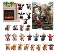 Calendrier de l'Avent Vache Highland Noël 24 Jours - Décorations Mignonnes 2D en Acrylique Vache Highland | Breloques Bovines Charm pour Arbre de Noël Fête