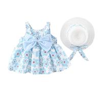 Calendrier de l'Avent Vie Bébé Fille Tutu Robe d'été sans manches Casual Motif floral Dos nu Princesse Robes Swing Sudress Jupe avec chapeau de paille Mode Plage Tennis de table Fille, Bleu ciel #1