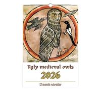 Calendrier des hiboux médiévaux laids 2026, peinture de médiéval étrange, planificateur de 12 mois, calendrier mural rétro drôle pour la décoration intérieure