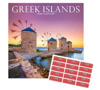Calendrier des îles grecques 2026 | Calendrier mural carré | 16 mois | avec autocollants organisationnels