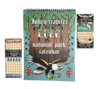 Calendrier des parcs nationaux 2026, style tatouage, calendrier mural illustré recto-verso sur le thème des parcs nationaux, calendrier à suspendre pour la maison, le bureau ou un magasin