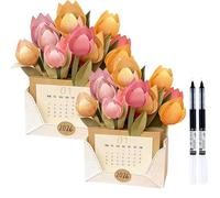 Calendrier émotionnel Tulip 2026, calendrier de bureau floral en forme d'enveloppe avec espace pour notes, mini calendriers créatifs en papier fleur 3D faits main, décoration de bureau (2 PCS)