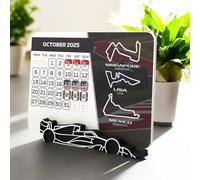 Calendrier F1 2025, Calendrier de Course Automobile, 17,8 x 14 cm, Calendrier de Bureau F1 avec Support de Voiture F1, 2025 Calendrier pour les Passionnés de Course Automobile