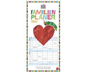 Calendrier familial 2024 La petite chenille Nimmersatt avec 5 colonnes. Calendrier mural joliment illustré avec vacances scolaires et emplois du temps.