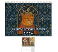 Calendrier médiéval 2026 avec chats avec couronnes, grand calendrier mural médiéval 2026, calendrier amusant de chat sur 12 mois, cadeau de Noël impertinent pour les amoureux des chats, femmes et