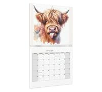 Calendrier mensuel 2026 2026 avec design vache Highland - 12 mois - Décoration d'intérieur - Pour l'école, la salle de classe, le bureau, l'appartement, la famille, les enseignants, les étudiants