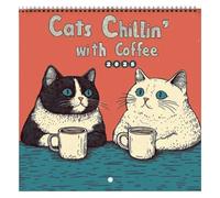 Calendrier mural 2025 12 mois avec motif chat mignon, Funny Cat Calendar 2025, Cartoon Cats with Coffee Wall Calendar, Calendrier mural avec format mensuel, Calendrier mensuel à suspendre