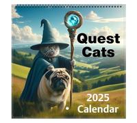 Calendrier mural 2025 amusant en forme de chat - Un planificateur mensuel pour les amoureux des chats avec des illustrations fantaisistes de chat médiévale.