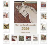 Calendrier mural 2026 avec animaux médiévaux laids - Art médiéval amusant de 12 mois avec peintures d'animaux historiques, décoration humoristique unique et cadeau pour les amateurs d'histoire et