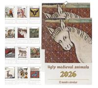 Calendrier mural 2026 avec animaux médiévaux laids - Art médiéval amusant de 12 mois avec peintures d'animaux historiques, décoration humoristique unique et cadeau pour les amateurs d'histoire et