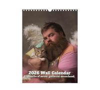 Calendrier mural 2026 de janvier à décembre 2026 avec illustrations de chats et gros homme, 12 mois à suspendre, décoration pour les amateurs de chats, la maison et le bureau