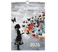 Calendrier mural 2026, format A4, portrait, design street art avec papillons, gris moderne