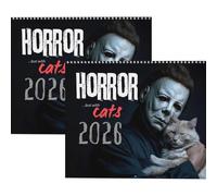 Calendrier mural 2026 Halloween Horror Movie & Cats, 28 cm x 21,5 cm Calendrier Spooky Feline Collection, calendrier Silent Terror Art, cadeau pour les fans d'horreur et les amoureux des chats (2pcs)