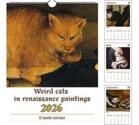 Calendrier mural 2026 motif chats étranges de la Renaissance - 12 illustrations hilarantes de chats de la Renaissance - Calendrier mural 2026 amusant pour les amateurs de chats (doré)