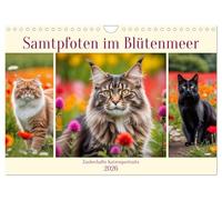 Calendrier mural 2026 - Motif pattes de velours dans la mer des fleurs - Format A4 paysage - Calendrier mensuel CALVENDO