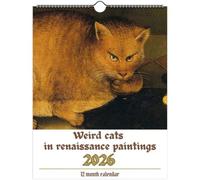 Calendrier mural 2026 Weird Cats In Renaissance - 21,6 x 27,9 cm - 12 mois sur le thème de l'art des chats bizarres - Calendrier mural 2026 amusant pour les amateurs de chats