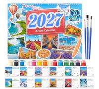 Calendrier mural 2027 à peindre par numéros pour adultes, calendrier de bricolage 2027 à suspendre, motifs de paysage et de voyage, kit complet avec peintures acryliques et pinceaux, cadeau créatif et