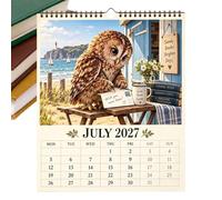 Calendrier mural 2027 à spirales avec 12 impressions artistiques en forme | Calendrier mural 2027 avec hibou en train de lire et construire à spirales avec 12 illustrations artistiques détaillées