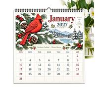 Calendrier mural 2027, planificateur mensuel floral | Reliure spirale | Imprimé oiseaux et fleurs | Grande grille pour les notes et les rendez-vous | Pour l'école, le bureau