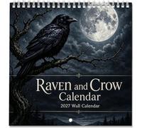 Calendrier mural 2027 Raven & Crow Corbeaux et Corneilles 12 mois (1PC) | Calendrier gothique sombre et mystérieux sur le thème des corbeaux, avec reliure à spirale et système d'accroche
