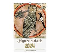 Calendrier mural mensuel 2024 à suspendre - Motif chouettes médiévales amusantes - 30 x 21 cm - Motif hiboux médiévaux laids