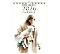 Calendrier mural - Planificateur d'histoires bibliques à réfléchir | Art religieux 2026 avec scènes mensuelles d'écriture, design « Jésus tient des moutons » pour la maison, la décoration, les