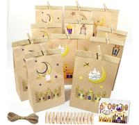 Calendrier Ramadan à remplir, 30 sachets du Ramadan avec pinces en bois, corde de chanvre et autocollants, sacs cadeaux Eid Mubarak, sacs cadeaux Eid Mubarak, sacs de calendrier de l'Avent Ramazan