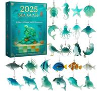 Calendriers de l'Avent 2025 de la vie marine en verre de mer, calendrier de compte à rebours de Noël avec figurines d'animaux marins sur 24 jours, décoration à suspendre en acrylique 2D pour arbre de