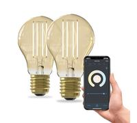 CALEX Lot de 2 Ampoules Filament Dorées LED A60 E27 CCT WiFi, 7W 806lm, Alexa/Google/Siri, Blancs 1800-3000K, dimmable, scénarios, sans pont, WiFi 2.4GHz