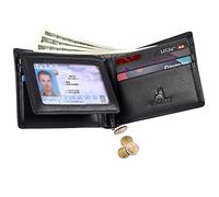 CALFART Portefeuille à Deux Volets en Cuir pour Homme avec Blocage RFID - Portefeuille Noir pour Homme - 2 fenêtres pour Carte d'identité à Fermeture éclair - Poche Avant pour Cartes de crédit - Noir