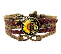 CALFOVERA Bracelet Manchette en Cuir Synthétique Motif Tournesol pour Femme Fait Main Style Bohème Tressé Multi Brins Marron Réglable avec Rallonge Idéal pour la Saint Valentin
