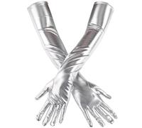 CALFOVERA en Cuir Synthétique Métallisé Argenté Brillant de 56cm pour Femmes Longs Doigtss D'Opéra Extensibles en Similicuir Manchettes pour Jeux de Rôle Longueur Coude pour Halloween