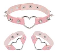 CALFOVERA Ensemble Bracelet Ras de Cou en Cuir PU à Rivets Gothiques Style Punk Rock en Alliage Ajouré avec Cœur Comprenant un Collier à Pointes et un Bracelet Manchette pour Femme