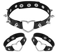CALFOVERA Ensemble Bracelet Ras de Cou en Cuir PU à Rivets Gothiques Style Punk Rock en Alliage Ajouré avec Cœur Comprenant Un Collier à Pointes et Un Bracelet Manchette pour Femme